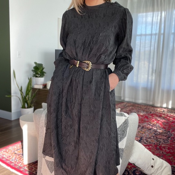 Vintage Dresses & Skirts - Vintage Black Jacquard Wool Smock Baby-Doll Dress Midi Puff Sleeve Pintuck M